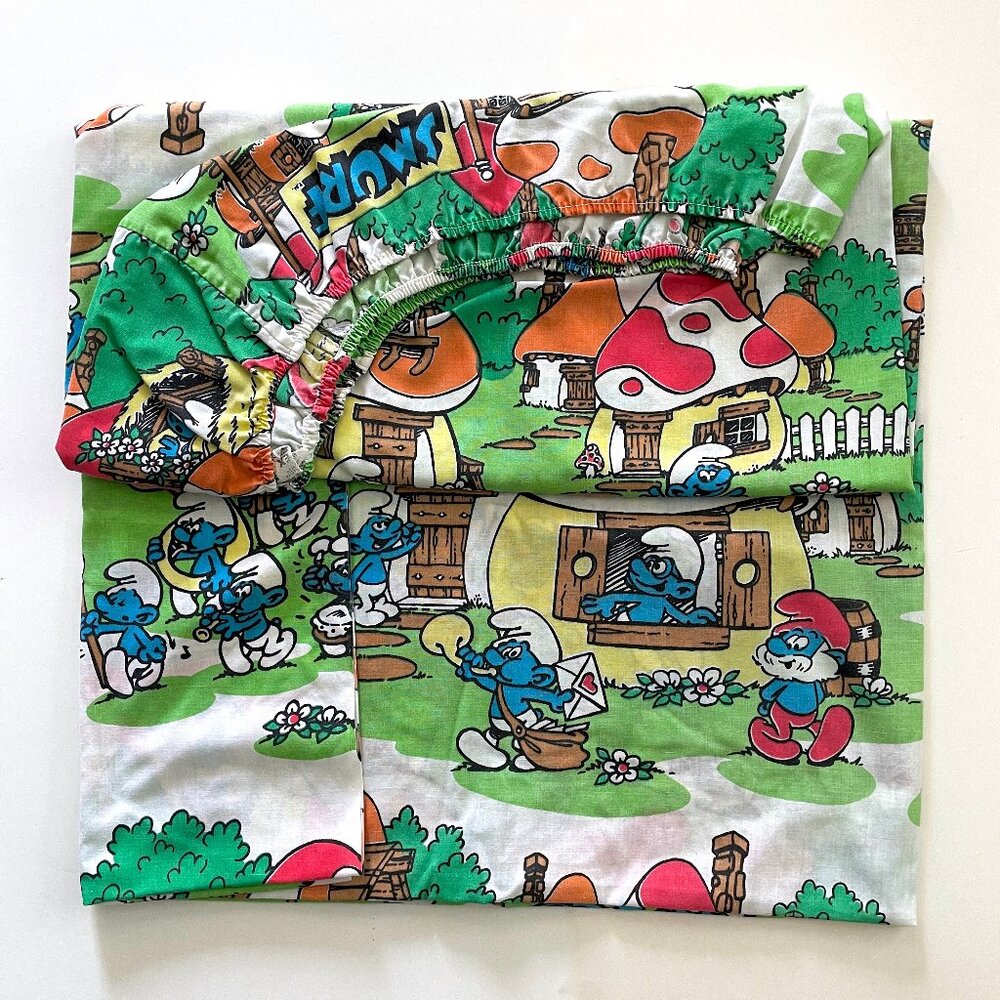 Vintage 1980s Smurf Sheet Set w Fitted Bottom + Flat Top + Pillowcase Peyo Retro - Picture 3 of 14